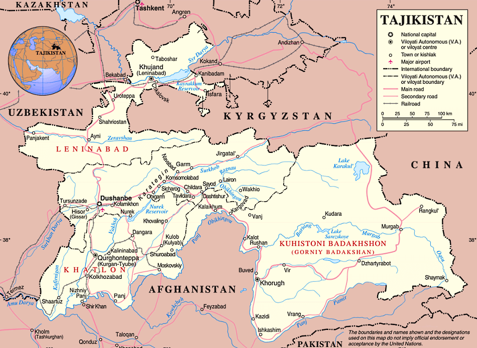 Tadschikistan Karte mit Städten, Regionen, Orten, Straßen, Flüssen und Seen auf Englisch