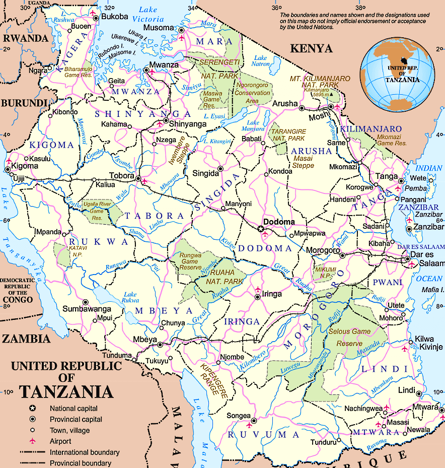 Tansania Karte mit Stadten auf Englisch