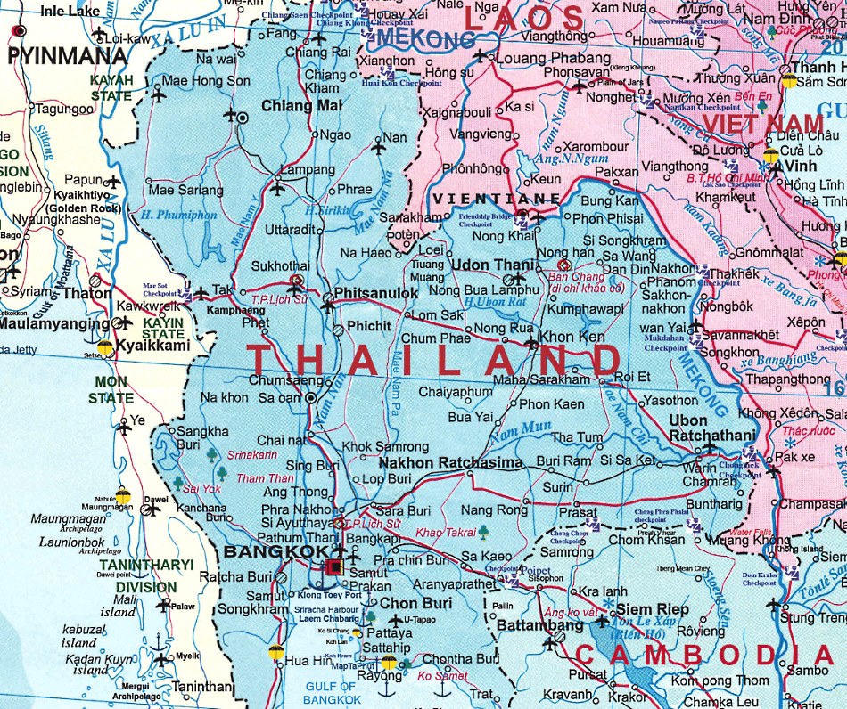 Thailand Karte mit Städten und Straßen auf Englisch