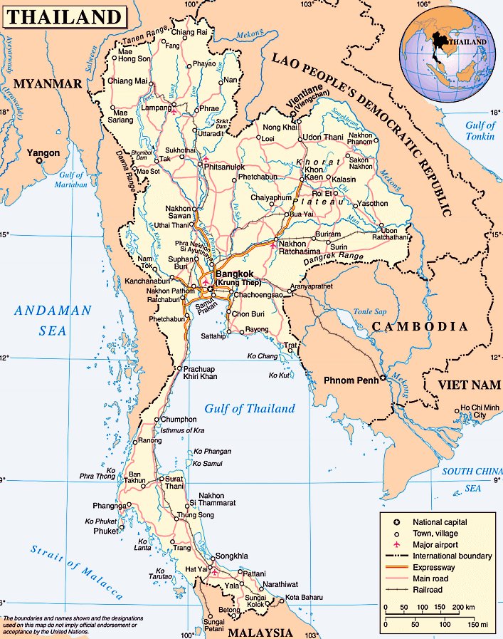 Thailand Karte mit Städten, Orten, Straßen, Flüssen und Seen auf Englisch