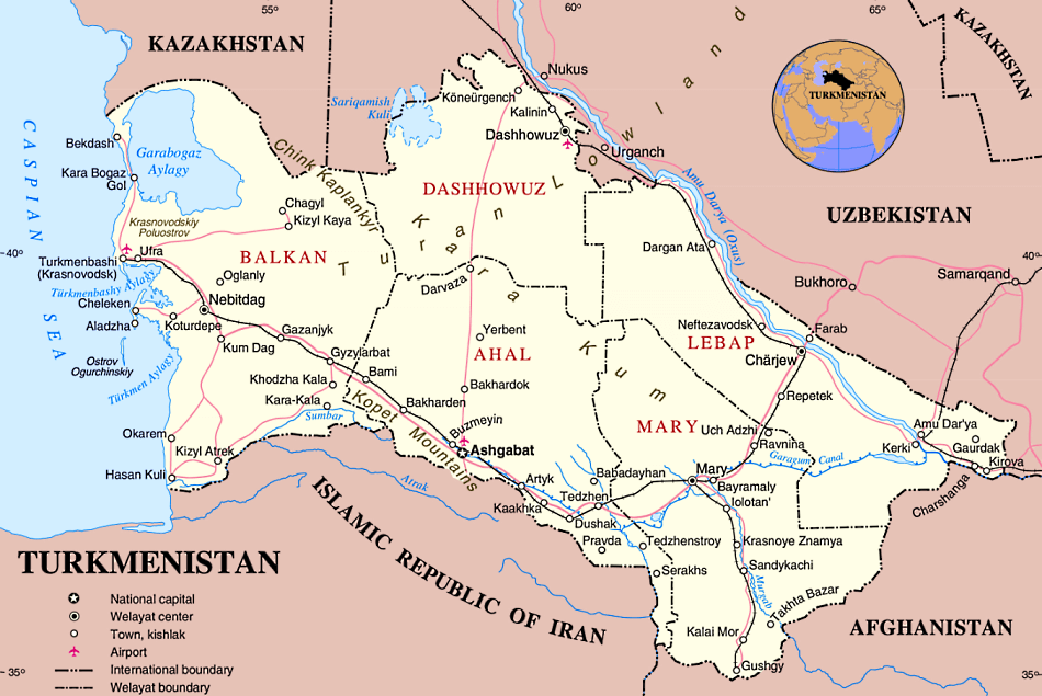 Turkmenistan Karte mit Städten, Regionen, Orten, Straßen, Flüssen und Seen auf Englisch