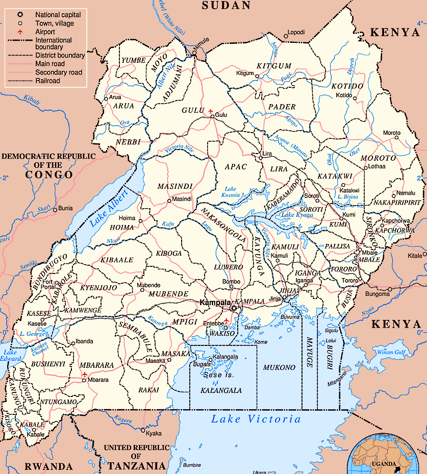 Uganda mapa politico com distritos e cidades em inglês