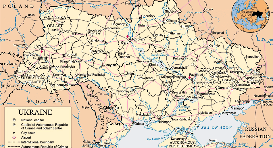 Ucrânia mapa politico com distritos e cidades em inglês