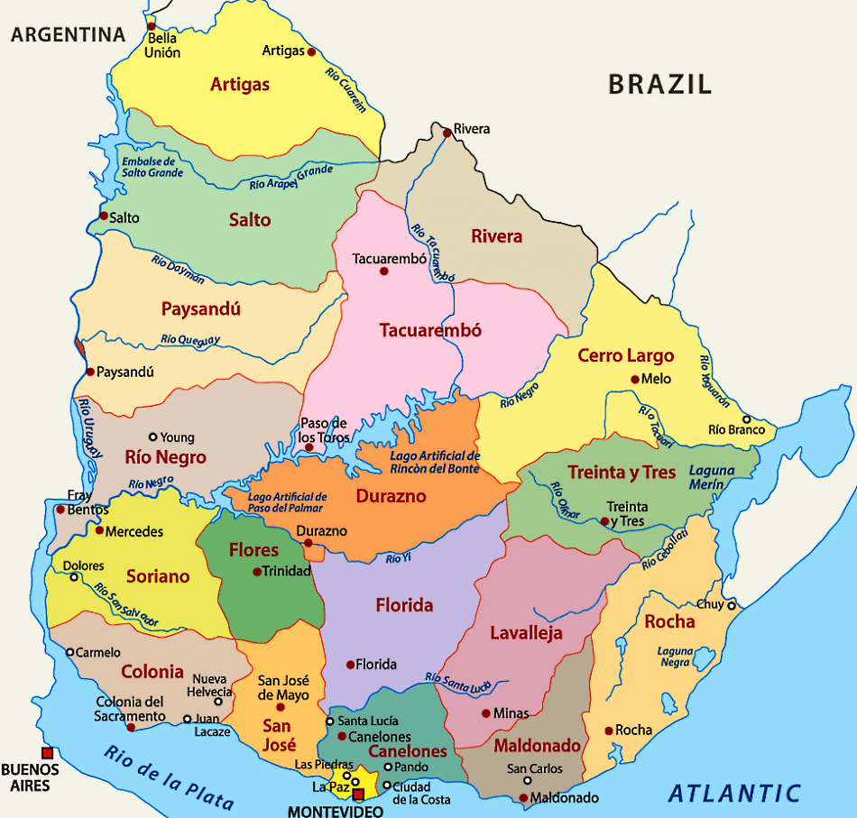 Uruguai mapa politico com distritos e cidades