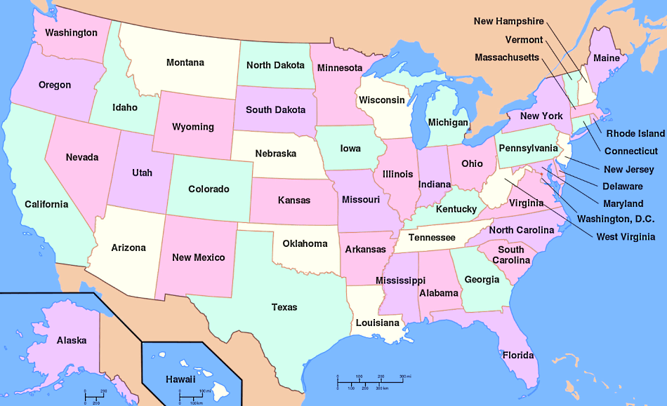 Estados Unidos da America mapa politico com distritos em inglês