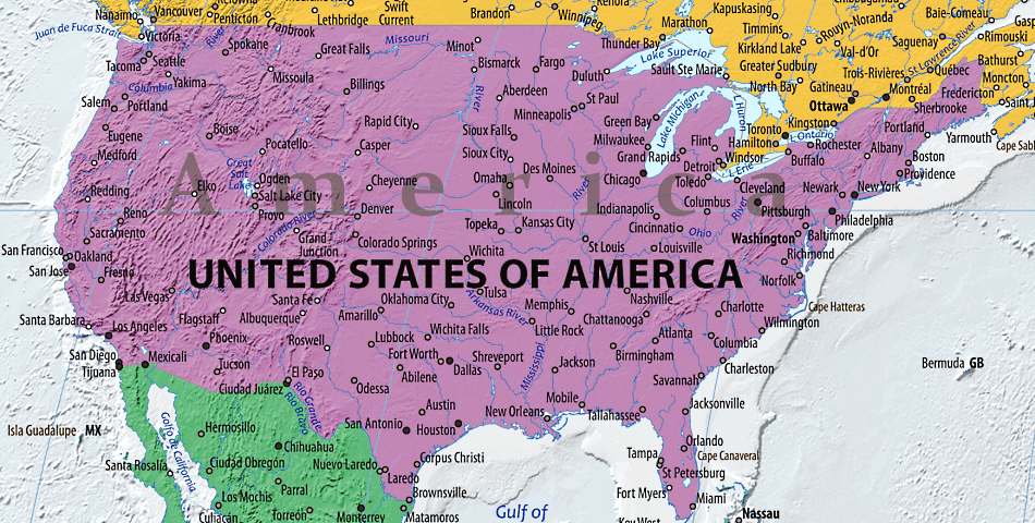 Vereinigte Staaten Karte mit Städten auf Englisch