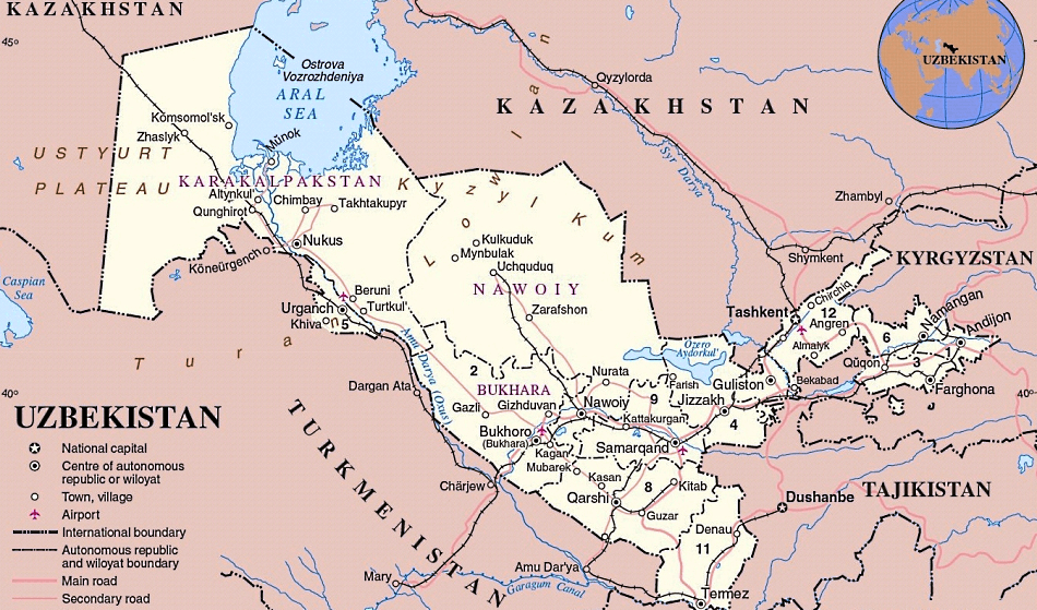 Uzbequistão politico com distritos e cidades em inglês