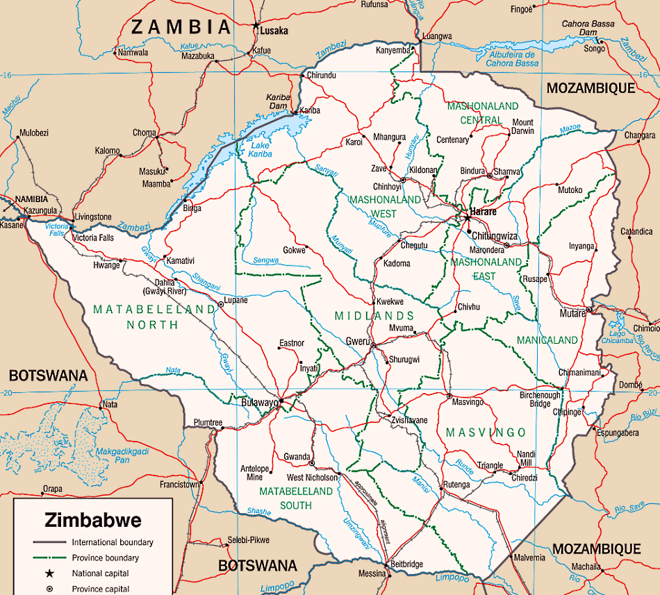 Simbabwe Karte mit Provinzen auf Englisch