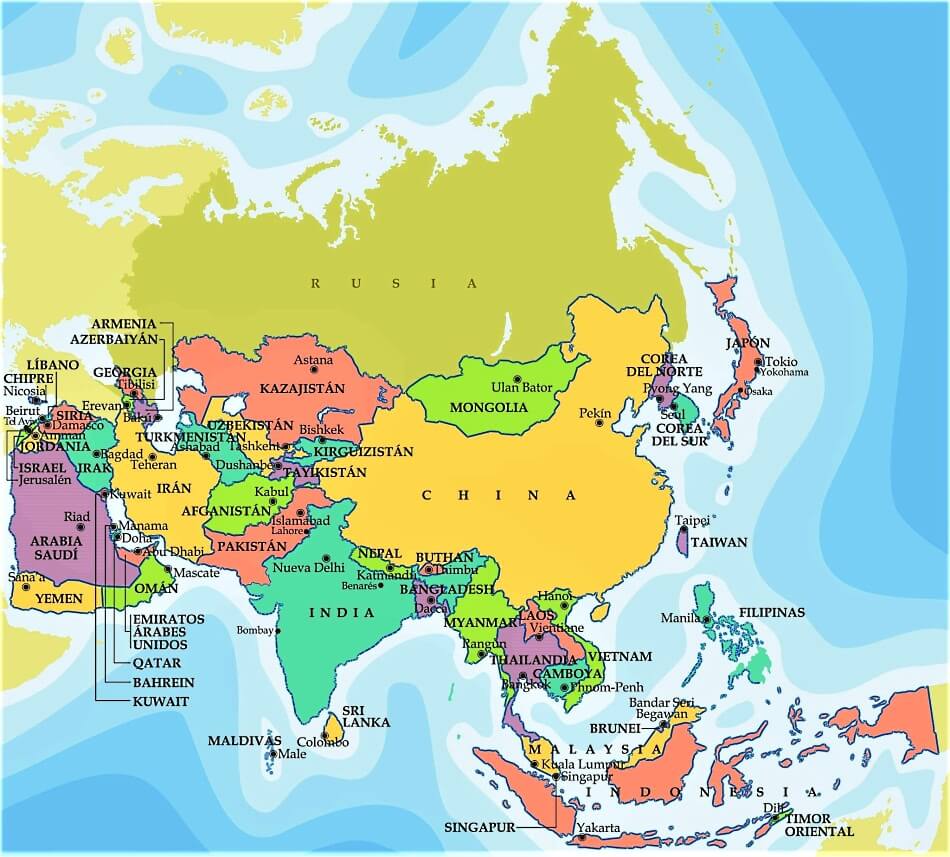 Mapa de Asia con países y capitales