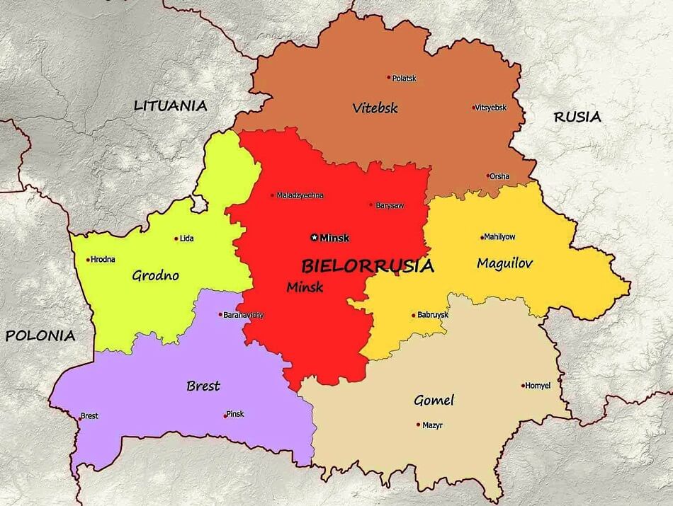 Mapa de Bielorrusia en Europa con áreas