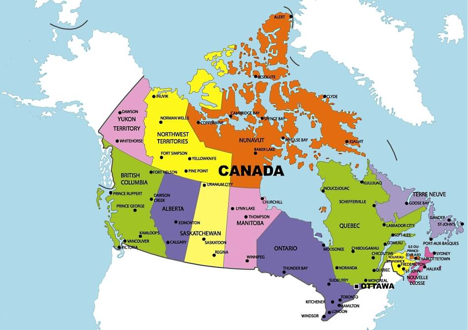Mapa de Canadá con las provincias y sus nombres