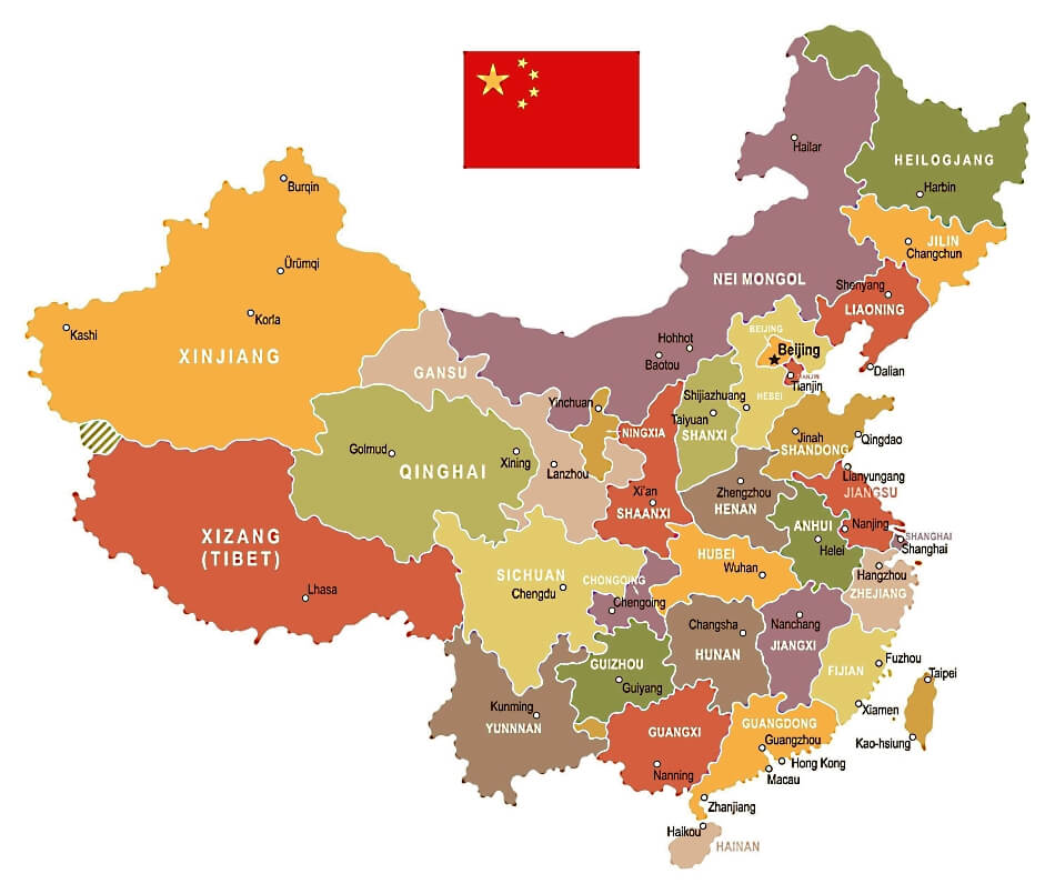 Mapa de China con nombres de provincias y ciudades