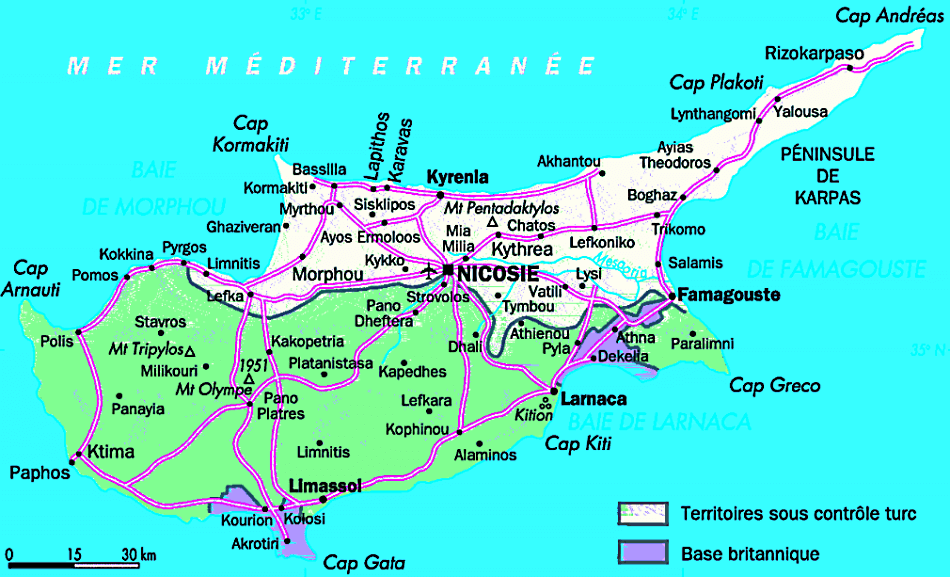 Chipre en el mapa de Europa con ciudades y carreteras