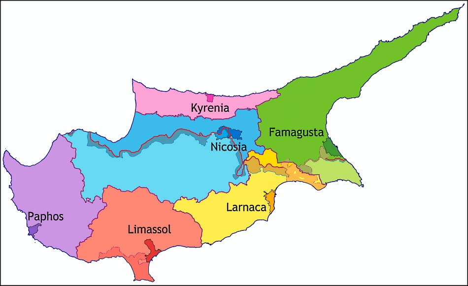 Mapa de Chipre con distritos administrativos