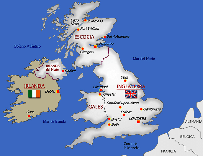 Mapa de Escocia, Irlanda e Inglaterra