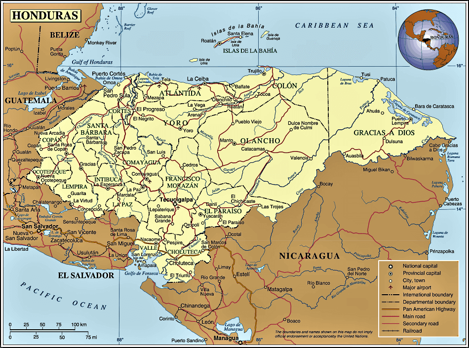 Mapa de Honduras con ciudades y departamentos