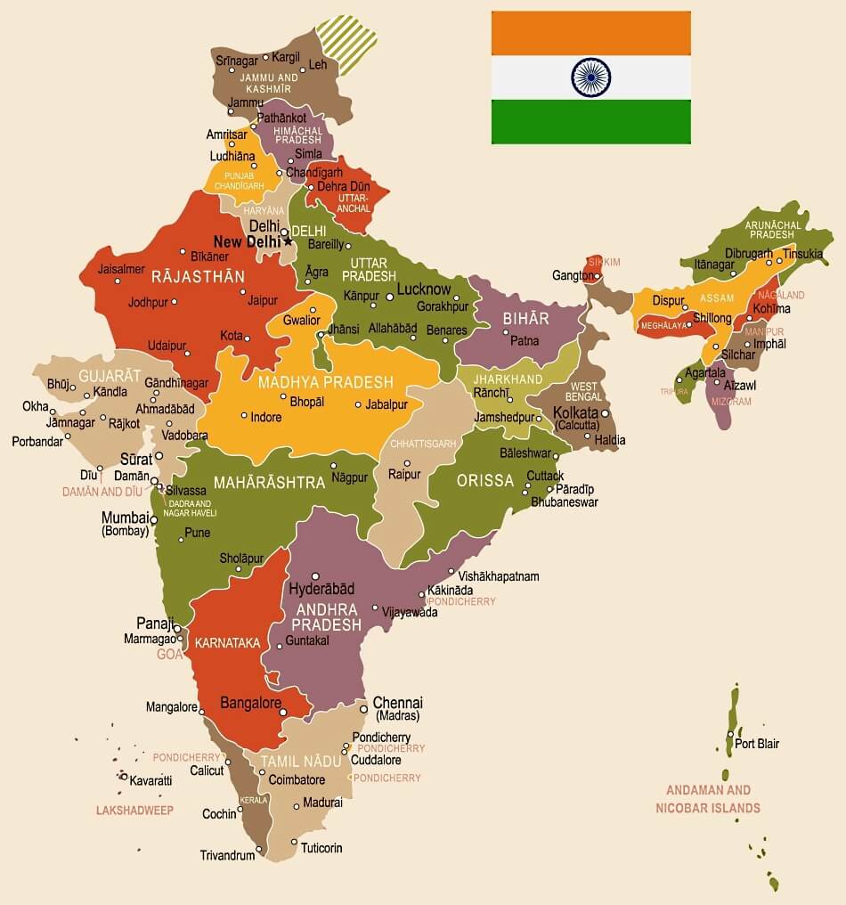 Mapa de la India con los Estados
