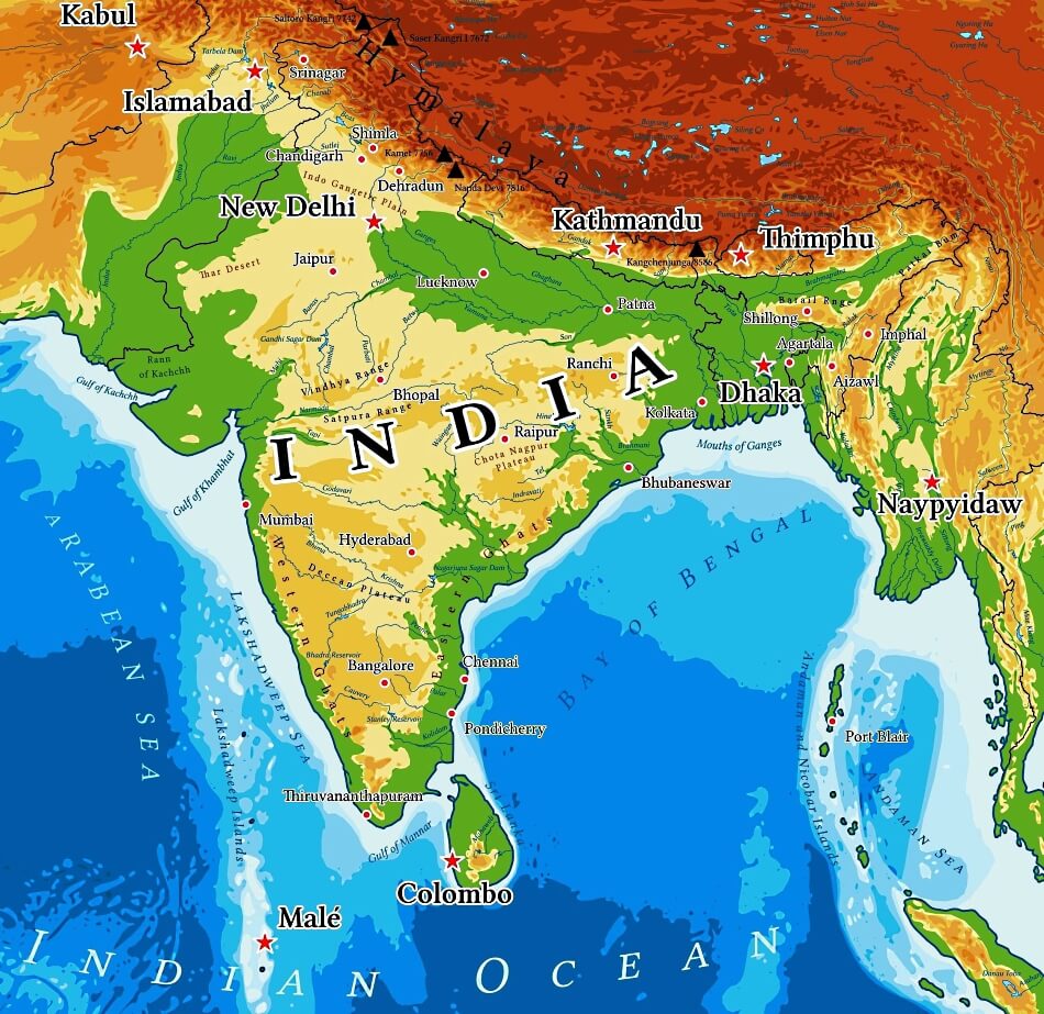 Mapa geográfico de la India con ciudades