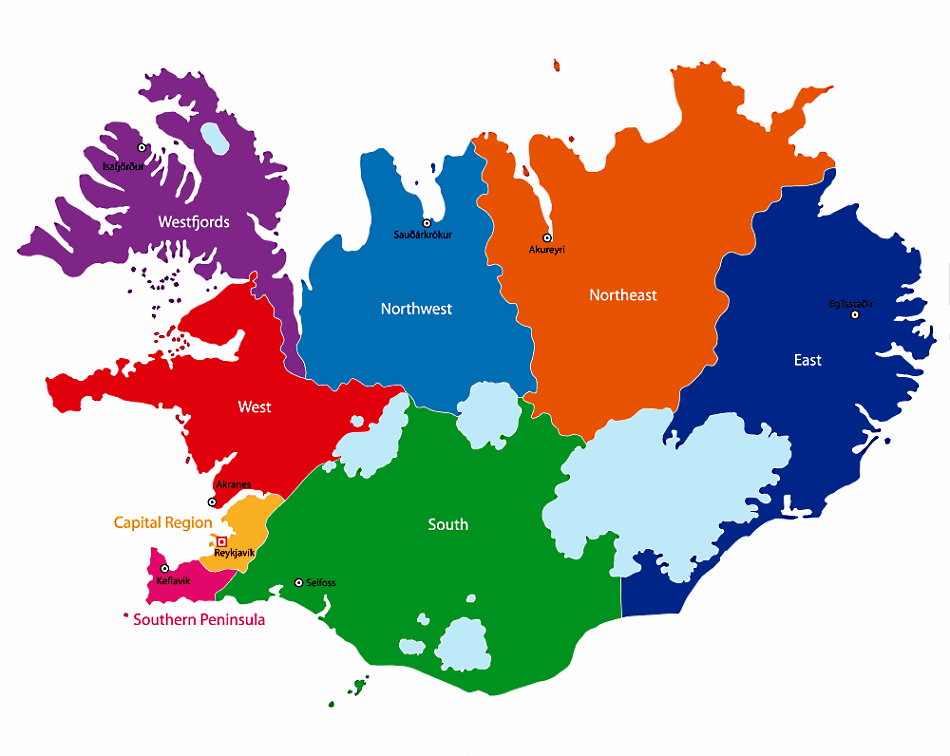 Mapa de Islandia con regiones