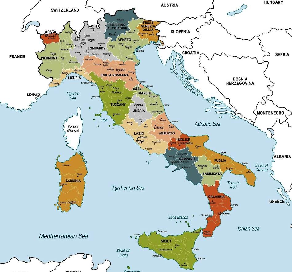 Mapa de Italia con regiones y ciudades
