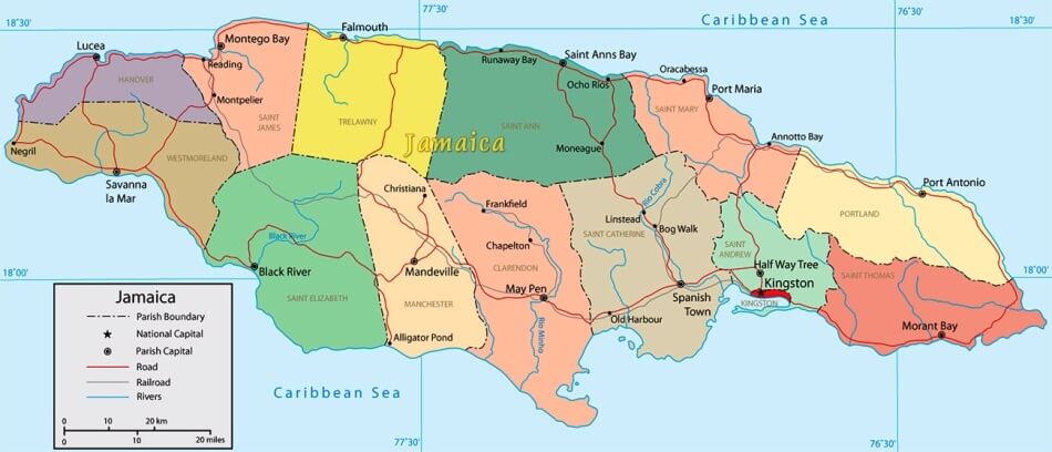 Mapa de Jamaica con ciudades