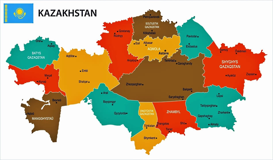 Mapa de Kazajstán con ciudades y regiones