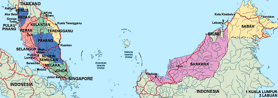 Mapa de Malasia con territorios federales