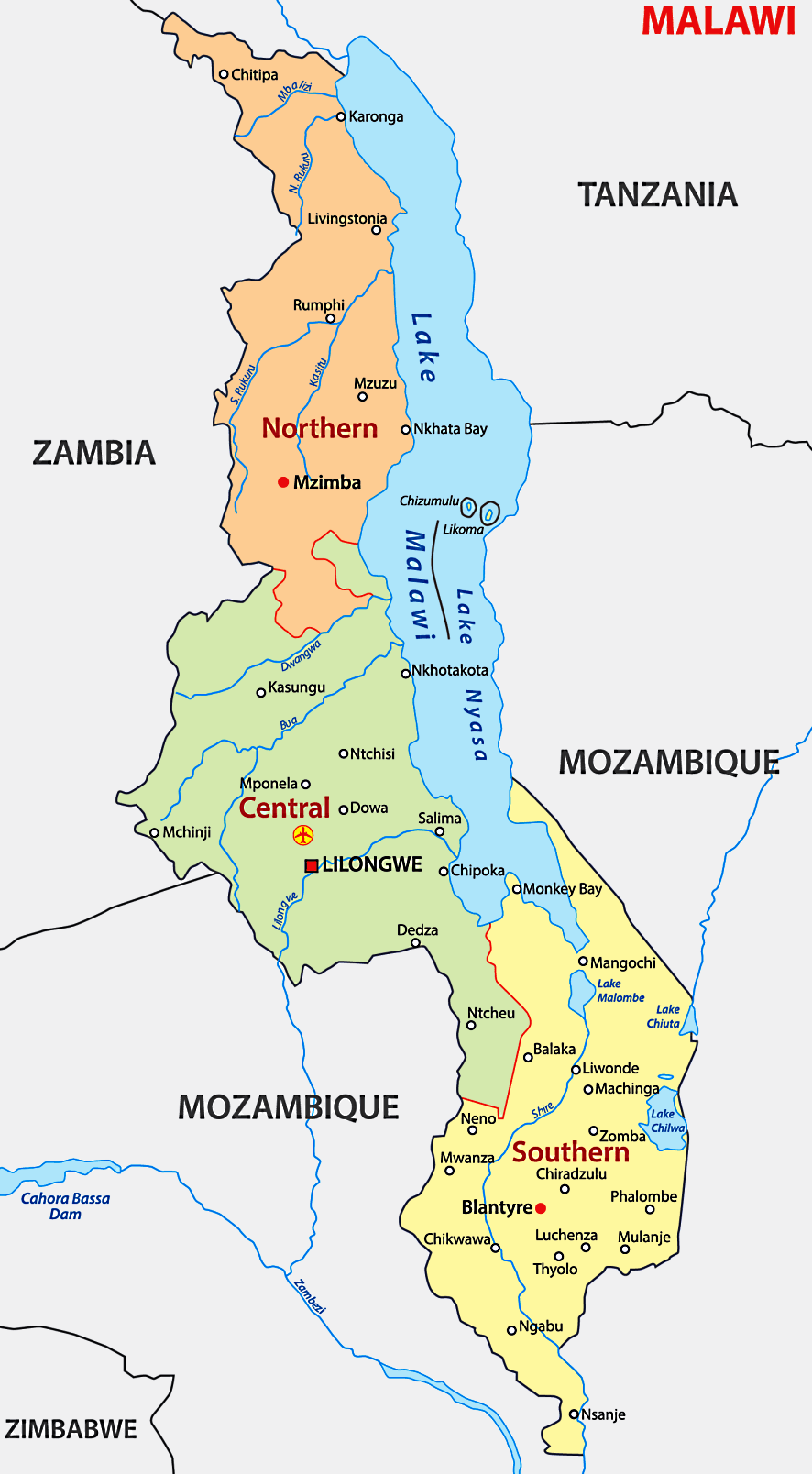 Mapa de Malawi con las ciudades y el lago Malawi