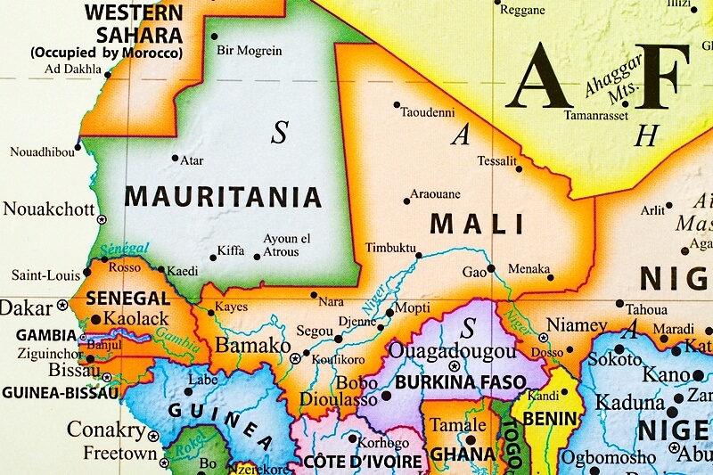 Mapa de Mali con países vecinos