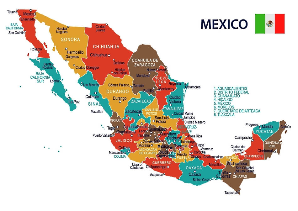 Mapa de México con Estados y ciudades