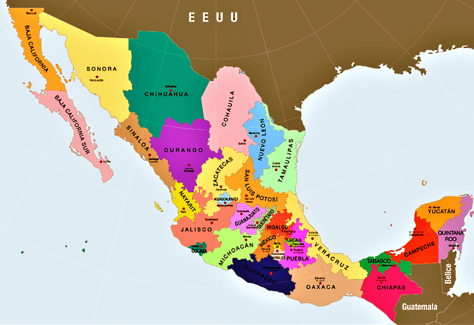 Mapa de México con nombres de Estados en español
