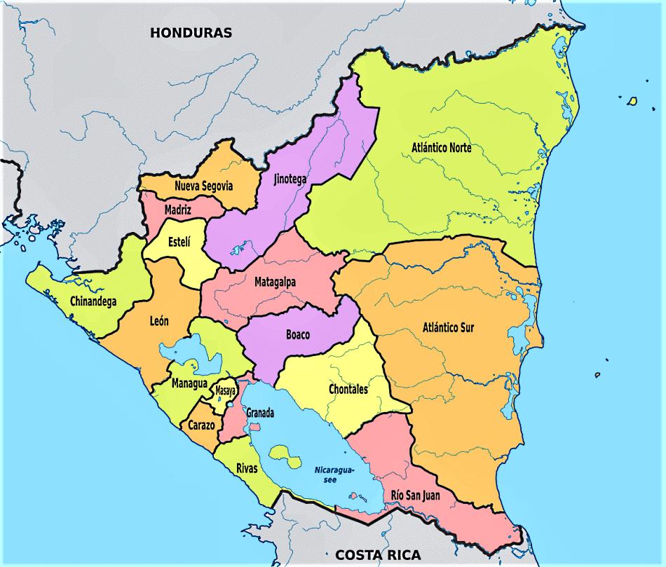Mapa de Nicaragua con departamentos
