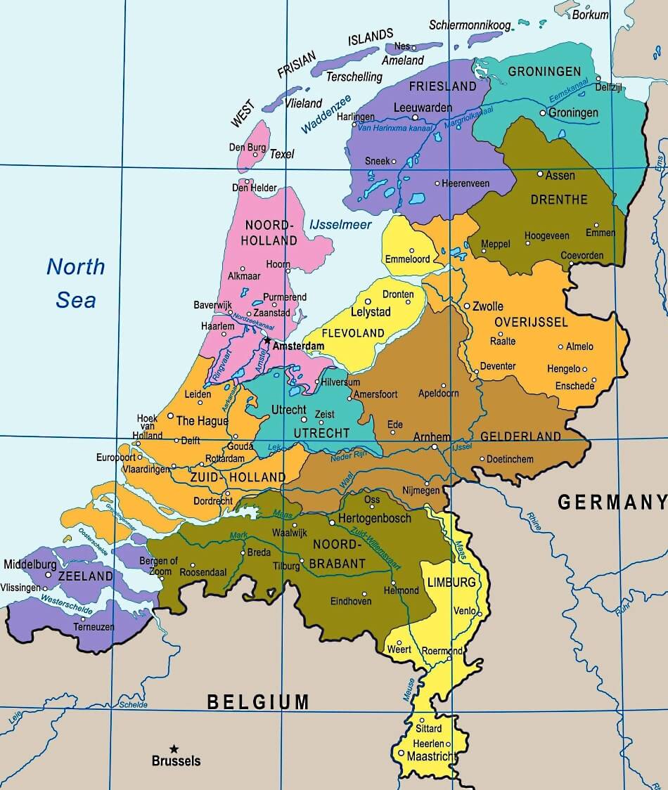 Mapa de Países Bajos con provincias y ciudades