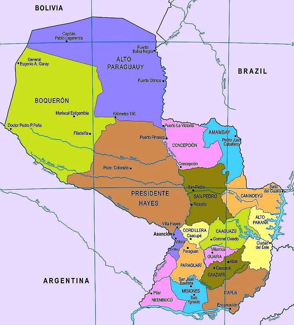 Mapa de Paraguay con ciudades 