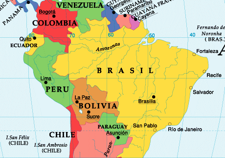 Mapa de Perú con países vecinos