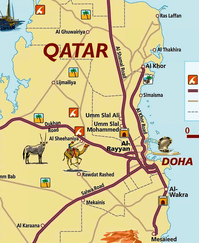 Mapa de Qatar con ciudades y carreteras