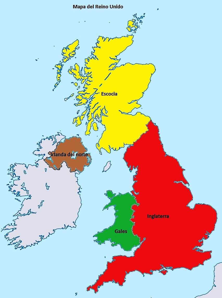 Mapa del Reino Unido incluye Gales, Inglaterra, Irlanda del Norte y Escocia