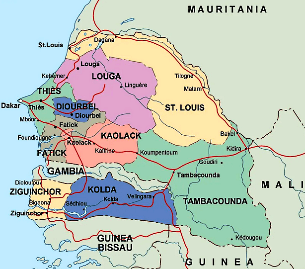 Mapa de Senegal con regiones