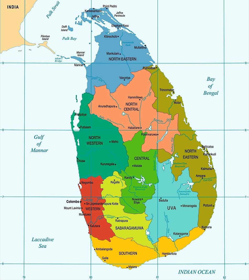 Mapa de Sri Lanka con provincias y ciudades