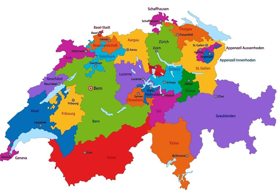 Mapa de Suiza con cantones y ciudades