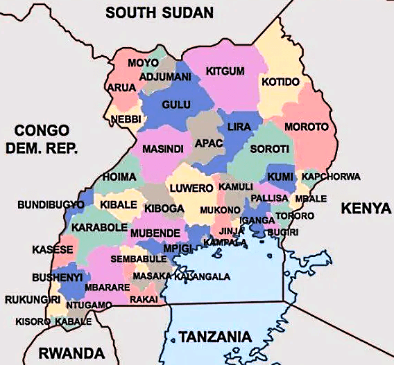 Mapa de Uganda con regiones
