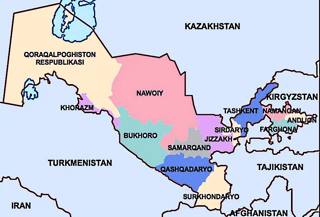 Mapa de Uzbekistán con regiones