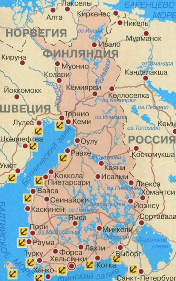 Карта Финляндии с городами на русском языке