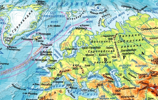 Физическая карта Европы крупным планом