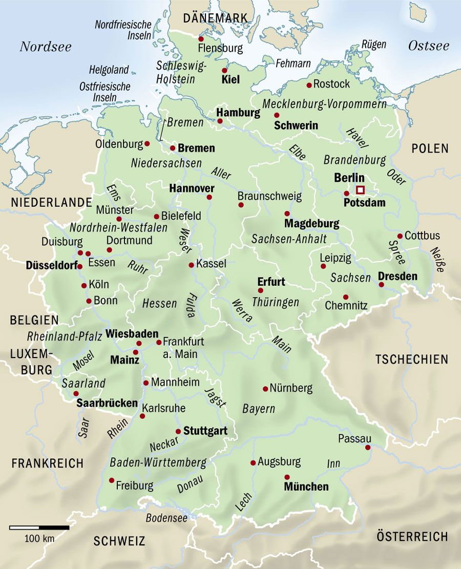 Карта Германии с городами на немецком языке