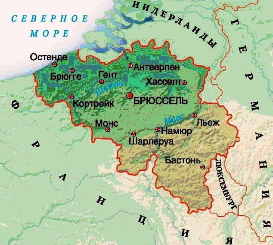 Карта Бельгии на русском языке с городами и границами государства