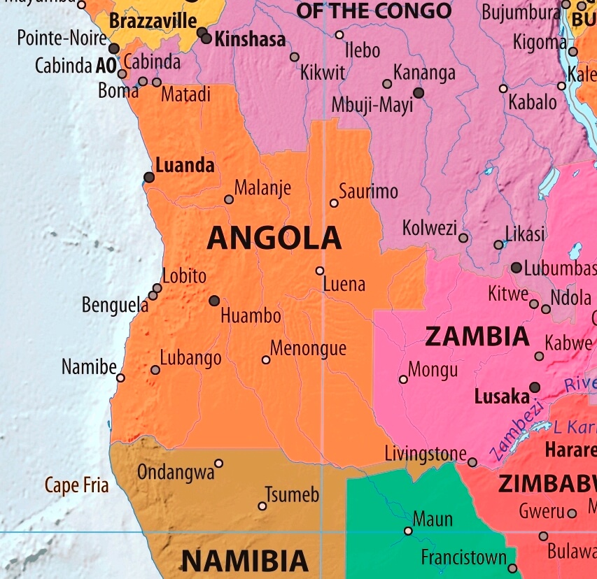 Map of Angola in english (Карта Анголы на английском языке с городами)