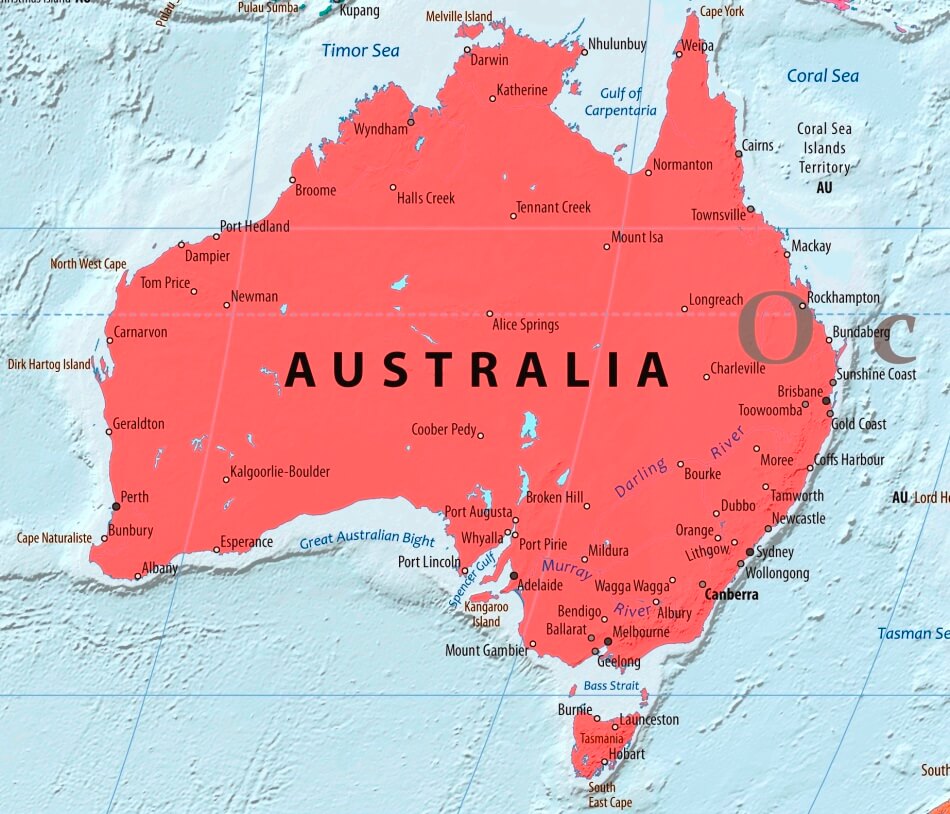 Map of Australia in english (Карта Австралии на английском языке с городами)