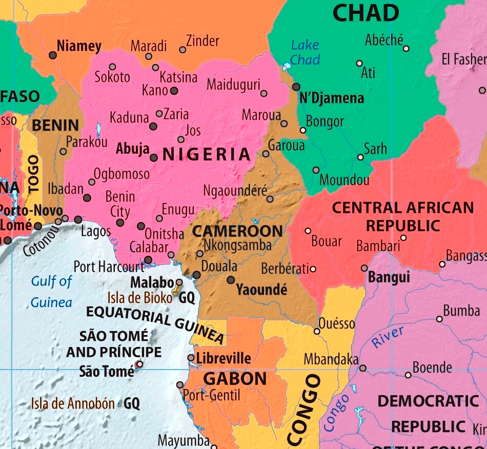Map of Cameroon in english (Карта Камеруна на английском языке с городами)