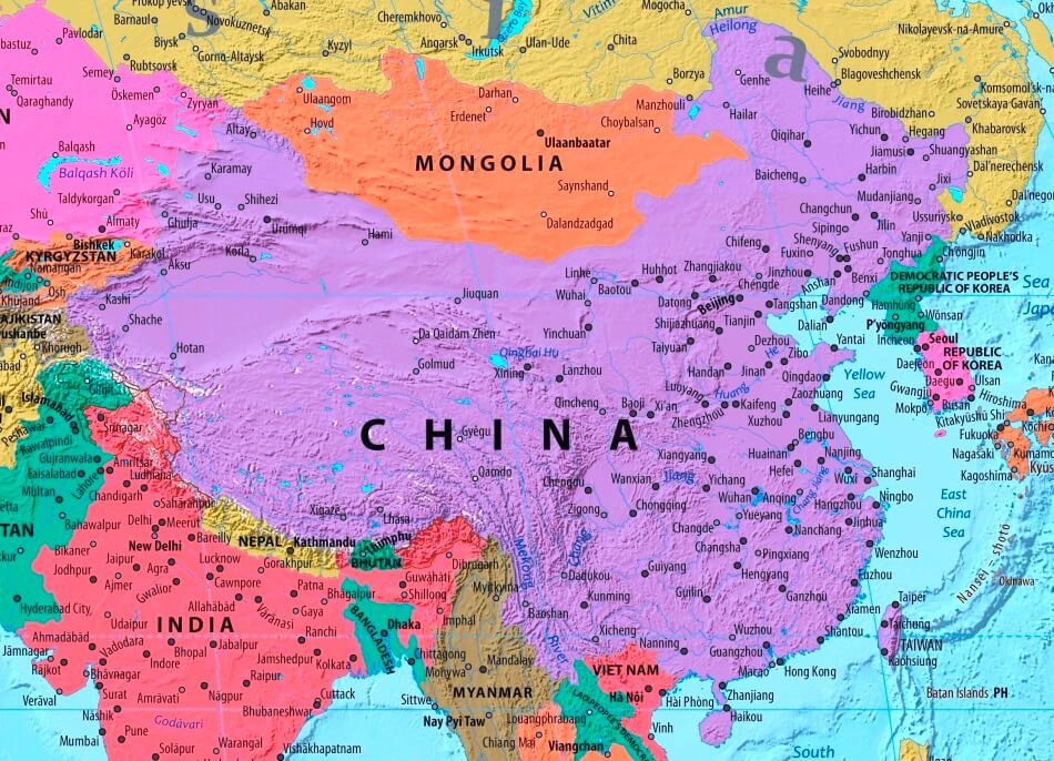 Map of China in english (Карта Китая на английском языке с городами)